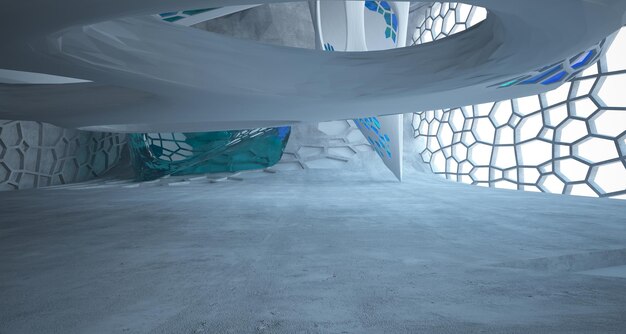 Abstract concrete parametric interior with neon lighting 3D illustration and rendering