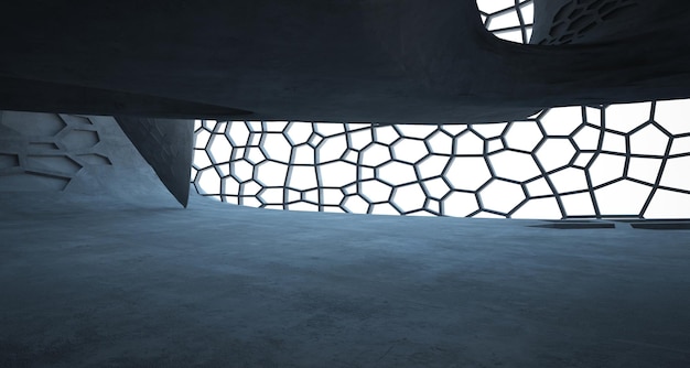 Абстрактный бетонный параметрический интерьер с неоновой подсветкой 3D иллюстрация и рендеринг