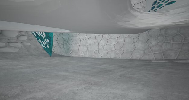 Abstract concrete parametric interior with neon lighting 3D illustration and rendering