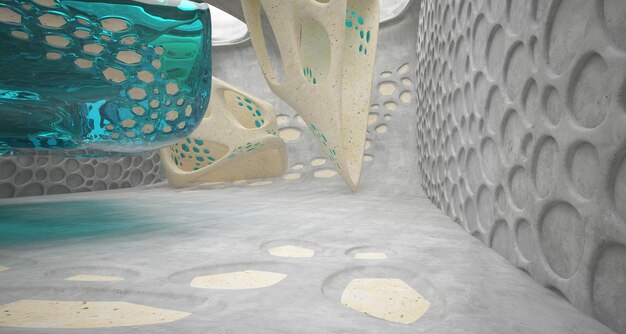 Abstract concrete parametric interior with neon lighting 3D illustration and rendering