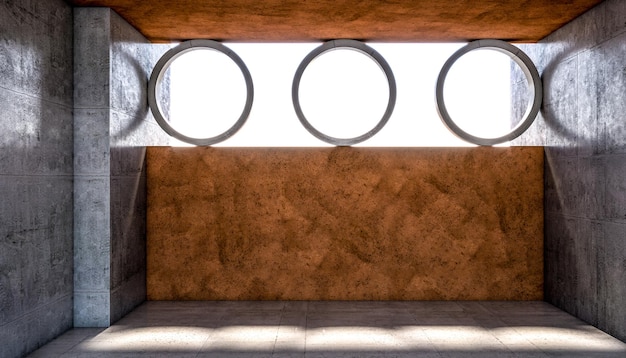 Abstract concrete structure with walls and rings. 3d render. nobody.