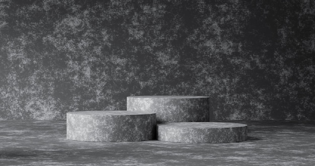 Abstract concrete texture product background and empty minimal modern presentation of stone wall or podium pedestal display platform template wallpaper backdrops with interior blank stand. 3D render.