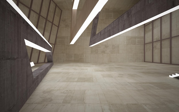 Абстрактное бетонное и деревянное внутреннее многоуровневое общественное пространство с неоновой подсветкой 3D иллюстрация