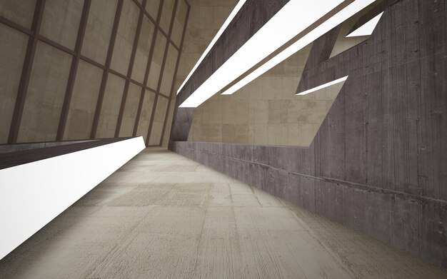 네온 조명 3D 삽화가 포함된 추상 콘크리트 및 목재 내부 다단계 공용 공간