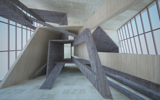 네온 조명 3D 삽화가 포함된 추상 콘크리트 및 목재 내부 다단계 공용 공간