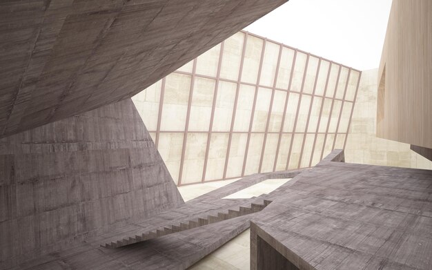 Абстрактное бетонное и деревянное внутреннее многоуровневое общественное пространство с неоновой подсветкой 3D иллюстрация