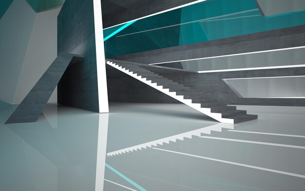 Abstract concrete and wood interior multilevel public space with neon lighting 3D illustration