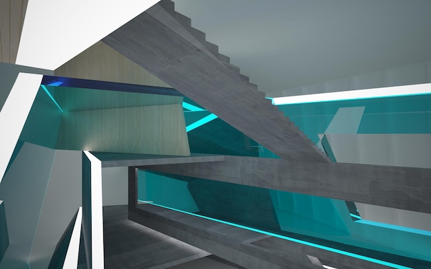 Abstract concrete and wood interior multilevel public space with neon lighting 3D illustration