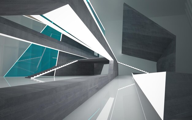 Abstract concrete and wood interior multilevel public space with neon lighting 3D illustration