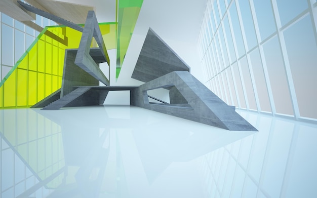 Abstract concrete and wood interior multilevel public space with neon lighting 3D illustration