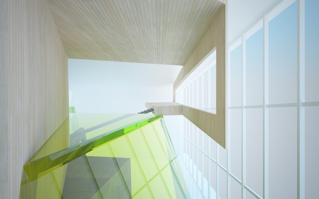 Abstract concrete and wood interior multilevel public space with neon lighting 3D illustration