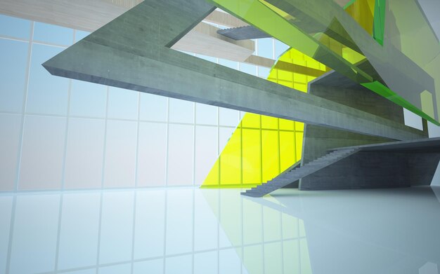 Abstract concrete and wood interior multilevel public space with neon lighting 3D illustration