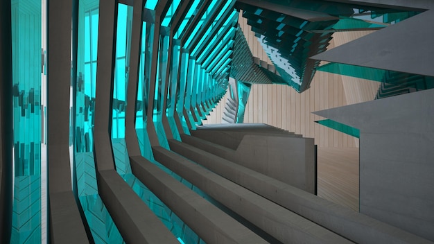 Abstract concrete and wood interior multilevel public space with window 3D illustration and render