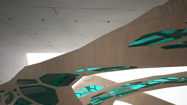 Abstract concrete and wood interior multilevel public space with window 3D illustration and render