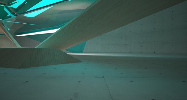 Abstract concrete and wood interior multilevel public space with window 3D illustration and render