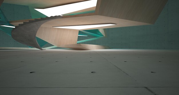 Abstract concrete and wood interior multilevel public space with window 3D illustration and render