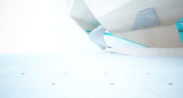 Abstract concrete and wood interior multilevel public space with window 3D illustration and render