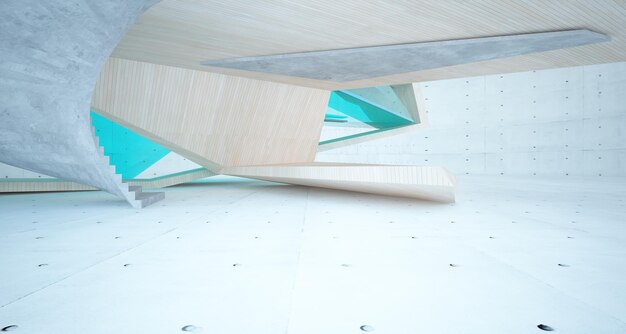 Abstract concrete and wood interior multilevel public space with window 3D illustration and render