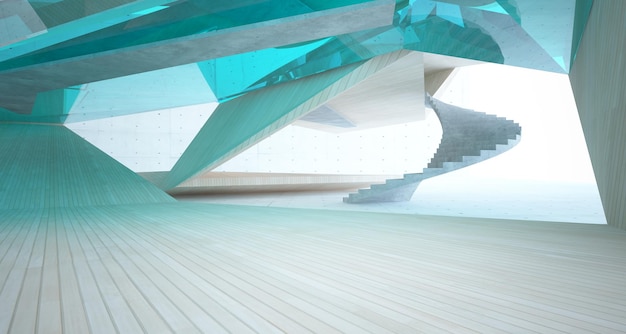 Abstract concrete and wood interior multilevel public space with window 3D illustration and render