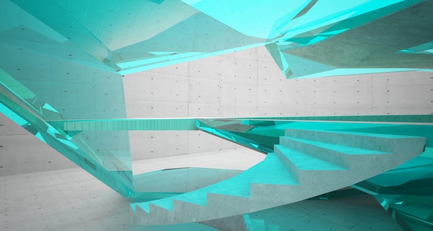 창 3D 일러스트레이션 및 렌더링이 있는 추상 콘크리트 및 목재 내부 다단계 공공 공간