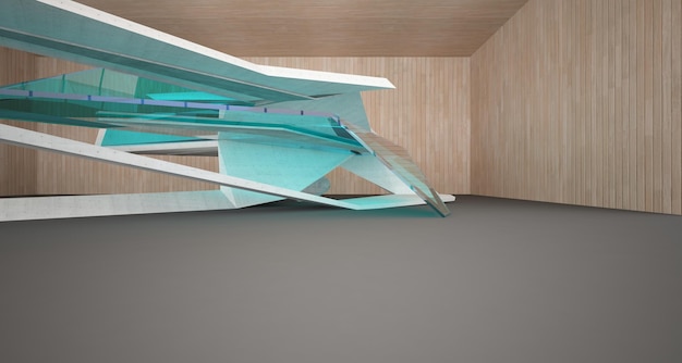 창 3D 일러스트레이션 및 렌더링이 있는 추상 콘크리트 및 목재 내부 다단계 공공 공간