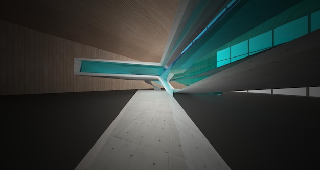 Abstract concrete and wood interior multilevel public space with window 3D illustration and render