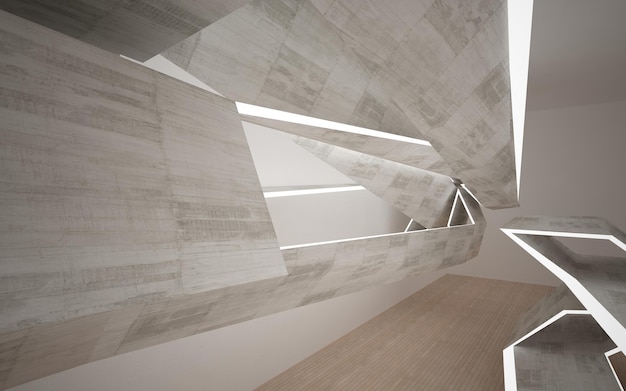 Abstract  concrete and wood interior multilevel public space with window. 3D illustration and render