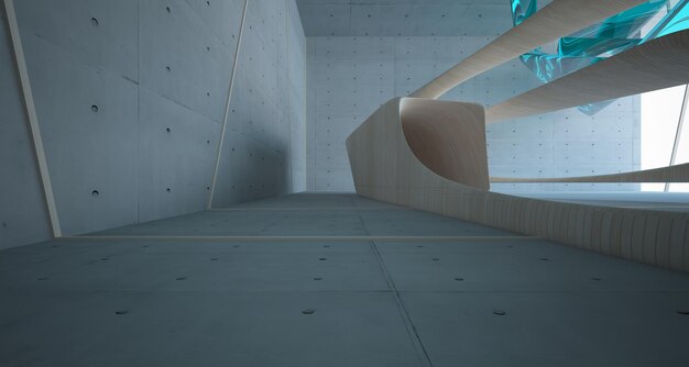 Abstract concrete and wood interior multilevel public space with window 3D illustration and render