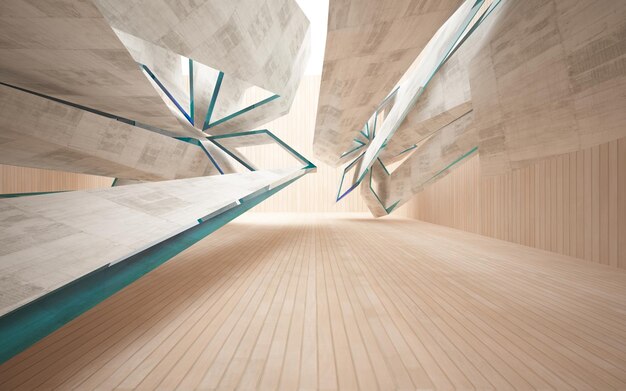 Abstract  concrete and wood interior multilevel public space with window. 3D illustration and render