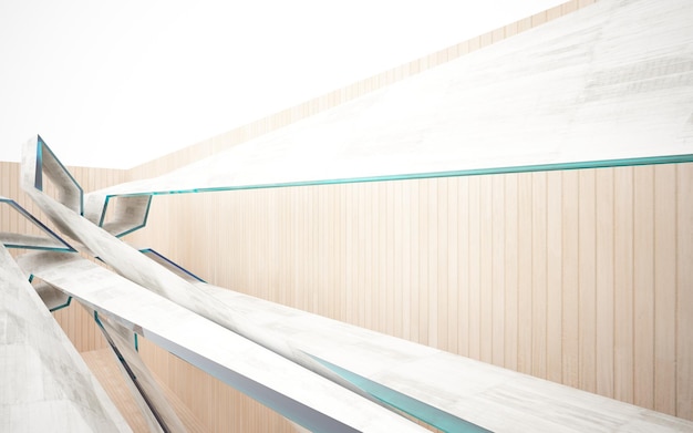 Abstract  concrete and wood interior multilevel public space with window. 3D illustration and render