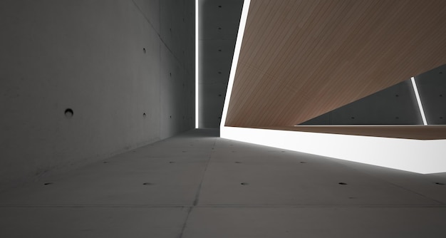 窓の 3 D イラストとレンダリングで抽象的なコンクリートと木製インテリアのマルチレベルの公共空間