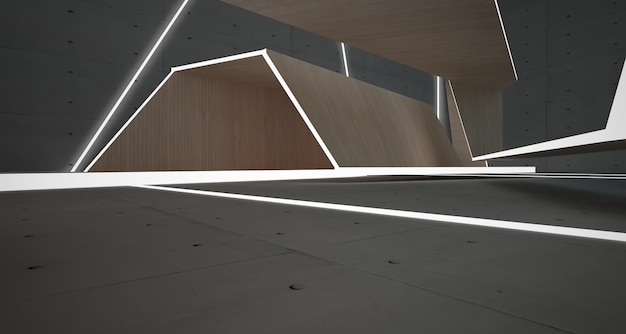 Abstract concrete and wood interior multilevel public space with window 3D illustration and render