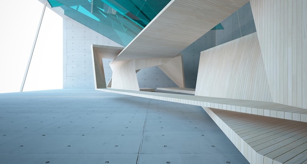 Photo abstract concrete and wood interior multilevel public space with window 3d illustration and render