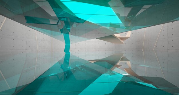 Abstract concrete and wood interior multilevel public space with window 3D illustration and render