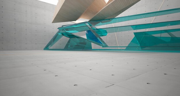 Abstract concrete and wood interior multilevel public space with window 3D illustration and render