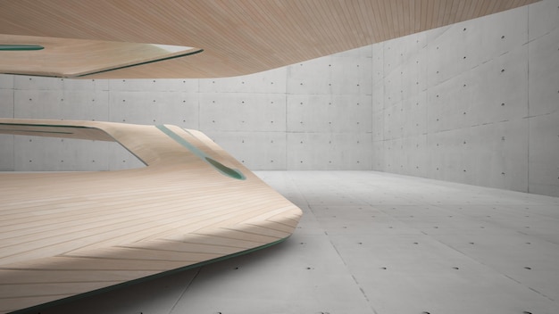 Abstract concrete and wood interior with window 3d illustration and rendering