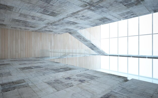 Abstract  concrete and wood parametric interior  with window. 3D illustration and rendering.