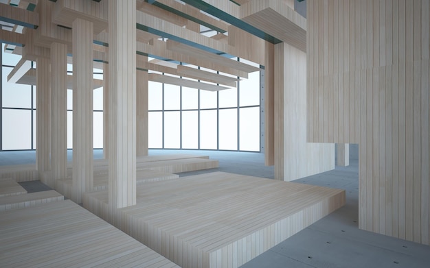 Abstract concrete and wood parametric interior with window 3d illustration and rendering