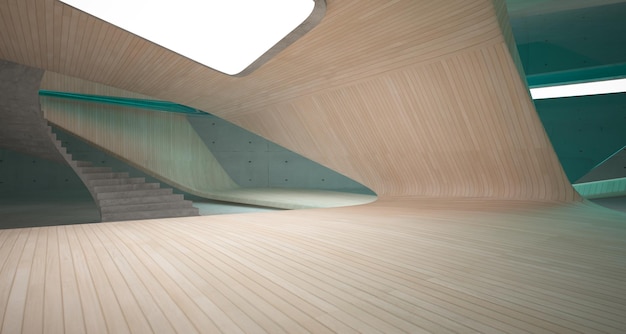 Abstract concrete and wood parametric interior with window 3D illustration and rendering