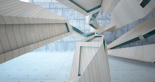 Abstract concrete and wood parametric interior with window 3D illustration and rendering