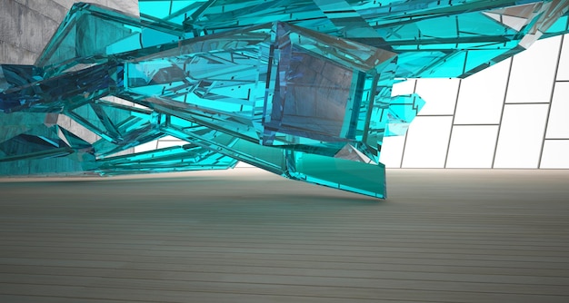 창 3D 그림 및 렌더링이 있는 추상 콘크리트 및 목재 파라메트릭 인테리어