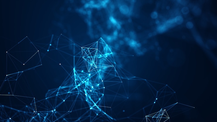 Photo abstract connected dots and lines on blue background. communication and technology network concept with moving lines and dots.