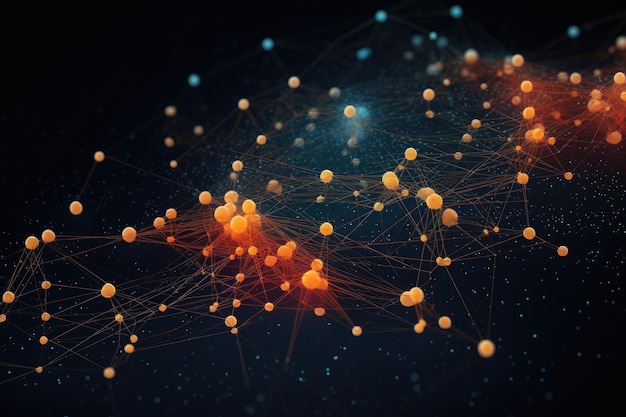 어두운 배경의 추상 연결 점과 선 기술 개념 3D 렌더링 노드 네트워크와 상호 연결된 선을 통해 흐르는 데이터의 추상 그림 AI 생성