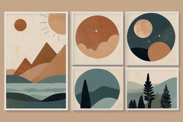 Abstract contemporary aesthetic backgrounds landscapes set with Sun Moon sea mountains Earth tones