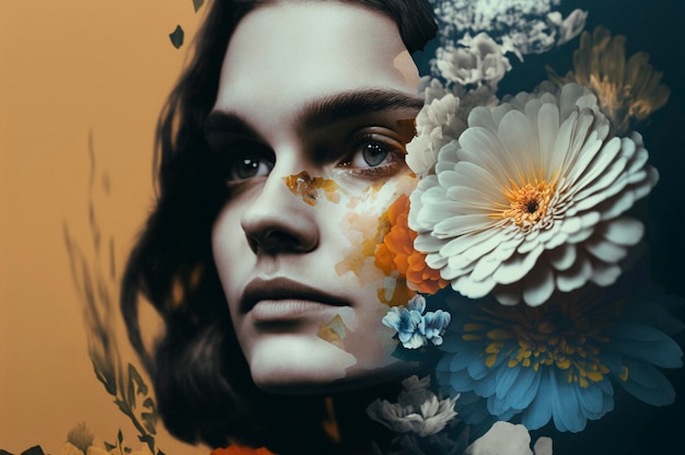 Abstract contemporary art collage portrait of young woman with flowers Created with Generative AI technology