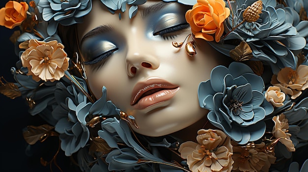 Abstract contemporary art collage portrait of young woman with flowers on face hides her eyes