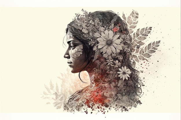 Abstract contemporary art portrait of beautiful girl covered with flower