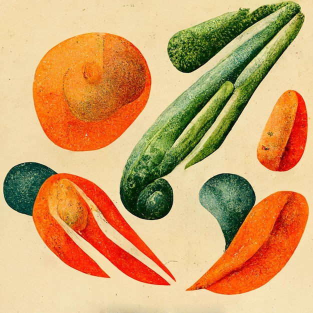 写真 抽象的な現代アート 野菜や果物を使ったシンプルなレトロなイラスト