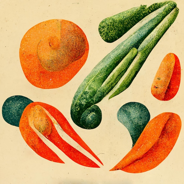 Photo abstract contemporary modern art minimalist retro illustration with vegetables and fruits