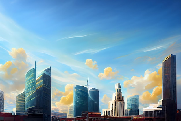 Abstract contemporary western downtown cityscape at sunny morning with modern skyscrapers neural network generated art